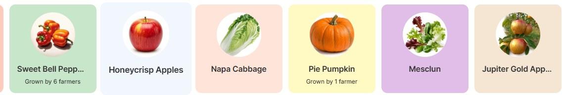 Seasonal ingredient cards in Culineer: sweet bell peppers, Honeycrisp apples, Napa cabbage, pie pumpkin, mesclun