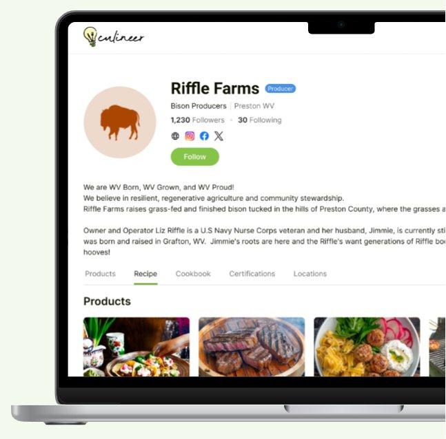 Riffle Farms producer profile in Culineer shown on a laptop