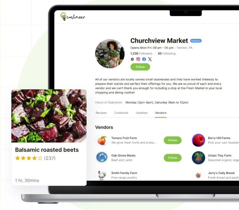Churchview Market profile in Culineer listing its vendors, with a balsamic roasted beets recipe card