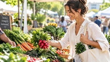 Shopper choosing fresh vegetables at a farmers market stand