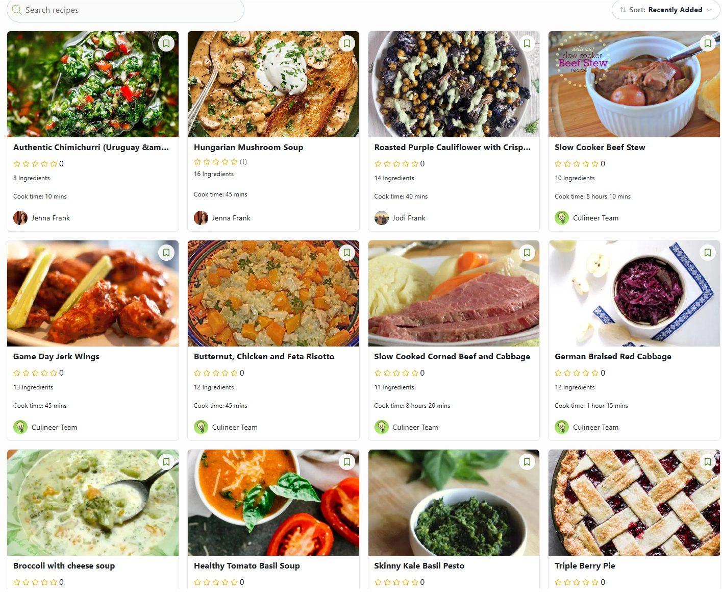 Culineer recipe library showing seasonal recipes with ratings and cook times