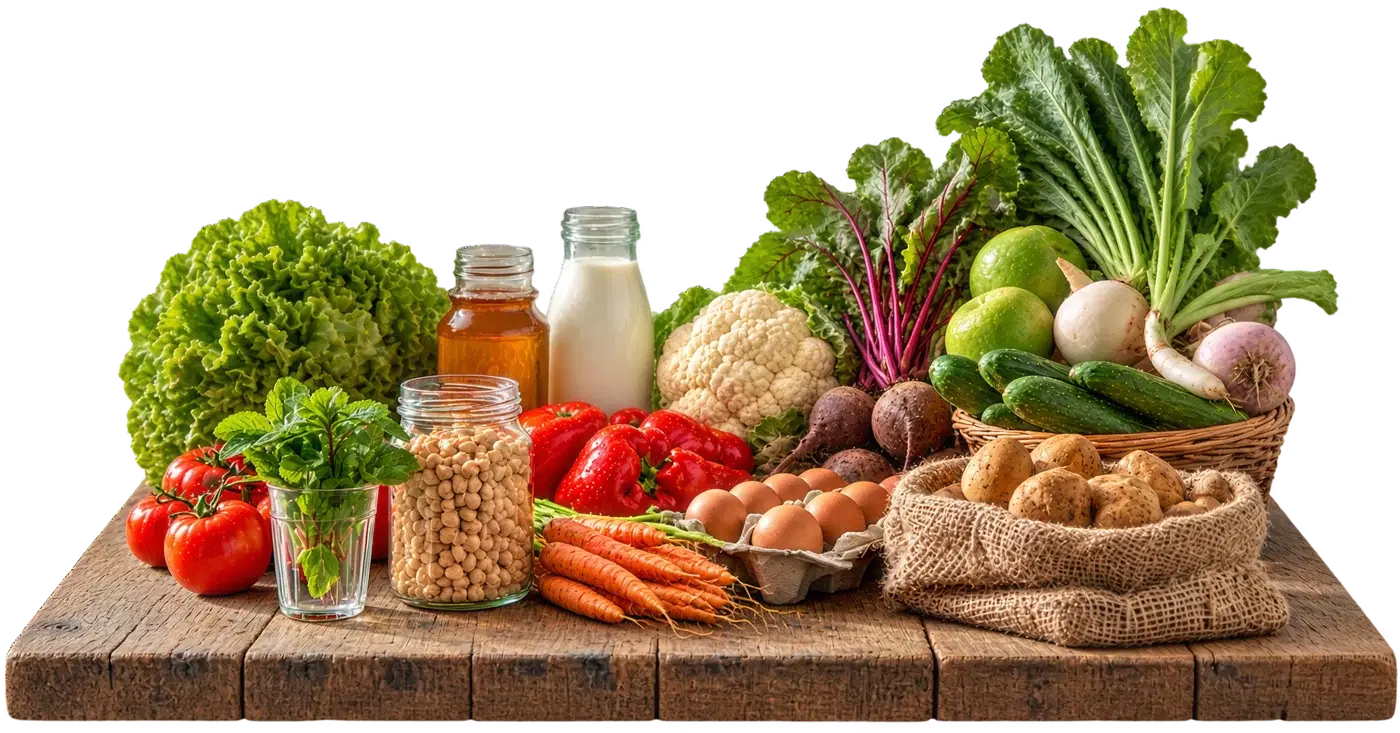 Fresh vegetables, eggs, milk and pantry staples on a rustic wooden board